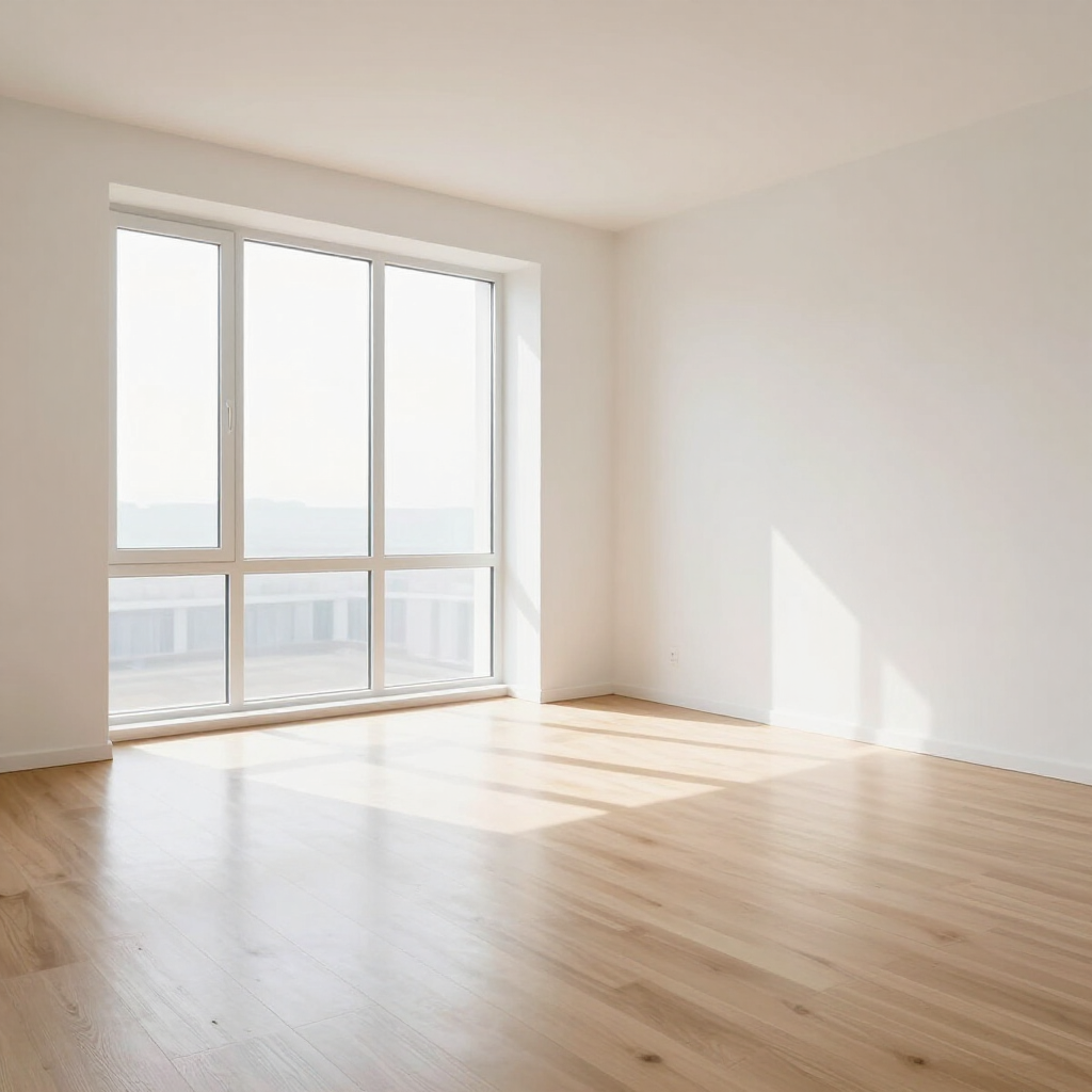 Bright empty room with large windows, sunlight on light wood floors, and a view of water outside.
