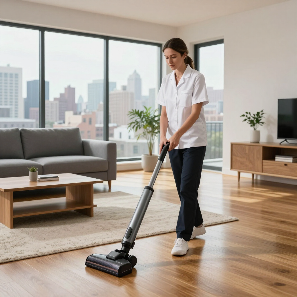 Woman vacuuming a bright living room with hardwood floors and large windows