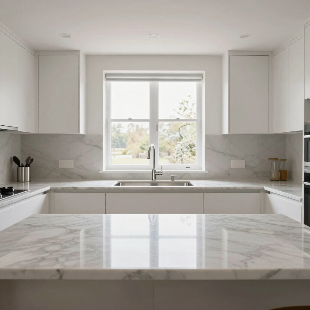 Bright white modern kitchen with marble island, sink under window, and light wood accents