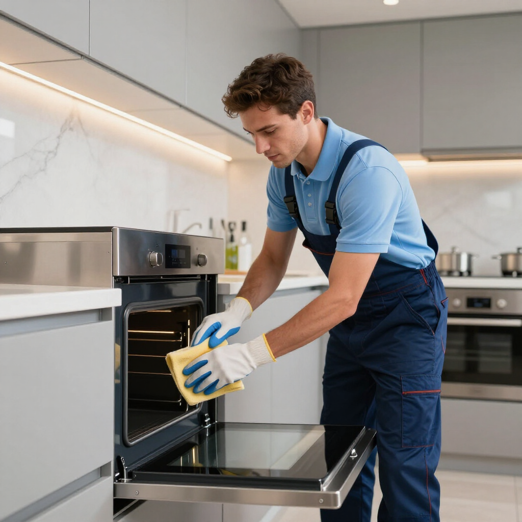 Person in blue shirt and apron placing food in an open oven in a modern kitchen