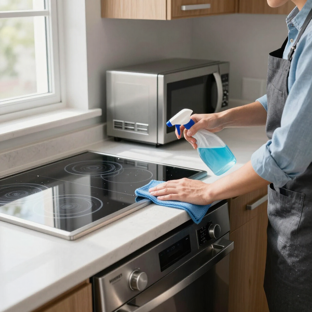 Person cleaning a black stovetop and oven with spray bottle and cloth in a kitchen