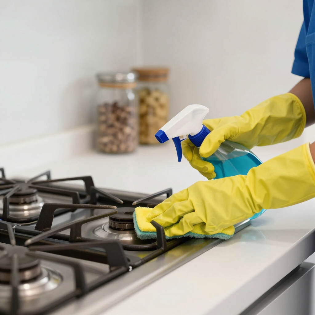 Yellow-gloved hands cleaning a kitchen gas stove with a spray bottle and sponge