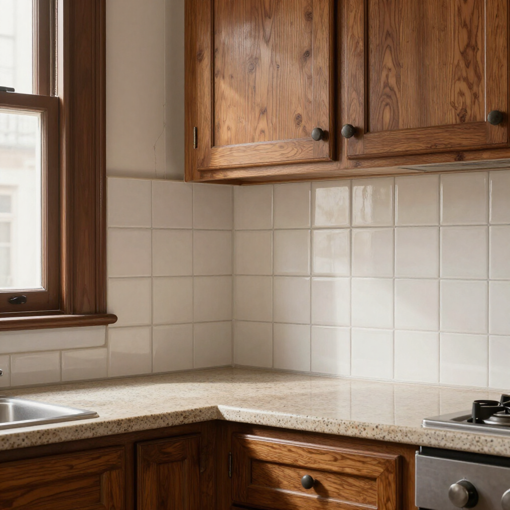 Empty kitchen corner with wood cabinets, beige tile backsplash, speckled countertop, and a window sink.