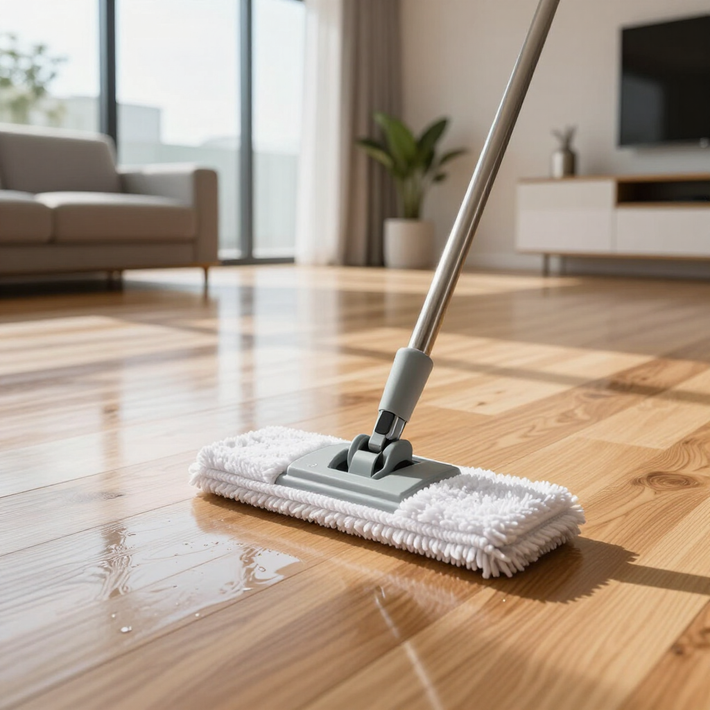 Mop cleaning a wet wooden floor in a bright living room