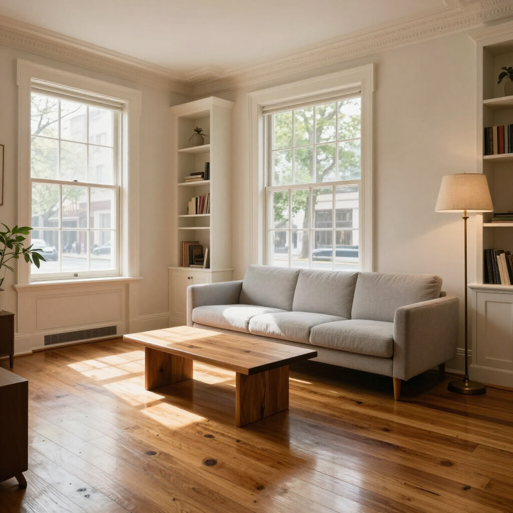 Bright living room with gray sofa, wooden coffee table, sunlight, and large windows over hardwood floors