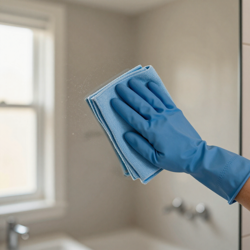 Blue-gloved hand wiping a bathroom mirror with a cloth