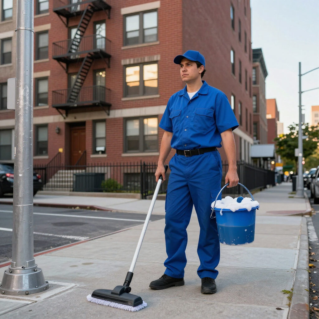 Janitor in blue uniform cleaning a city sidewalk with a mop and bucket beside an apartment building