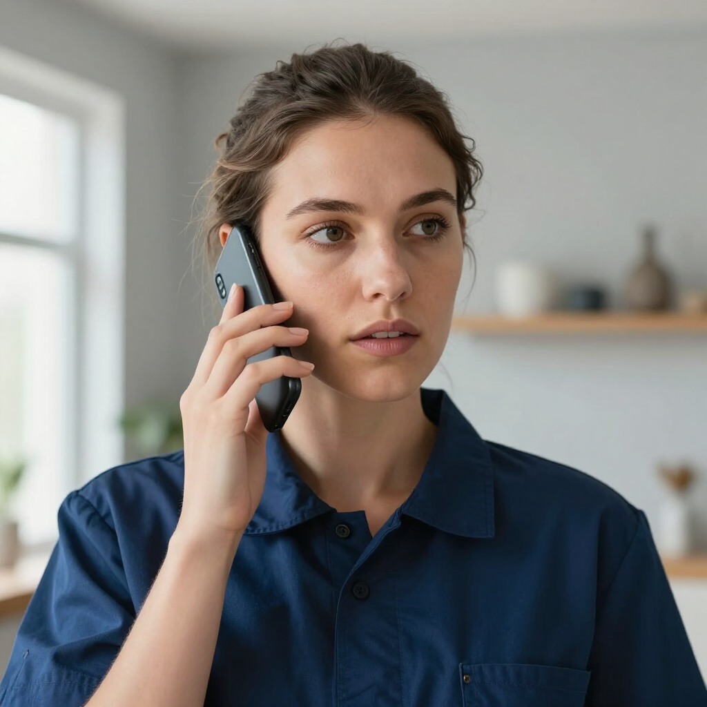 Woman in a blue shirt holding a phone to her ear, standing indoors with a focused expression.