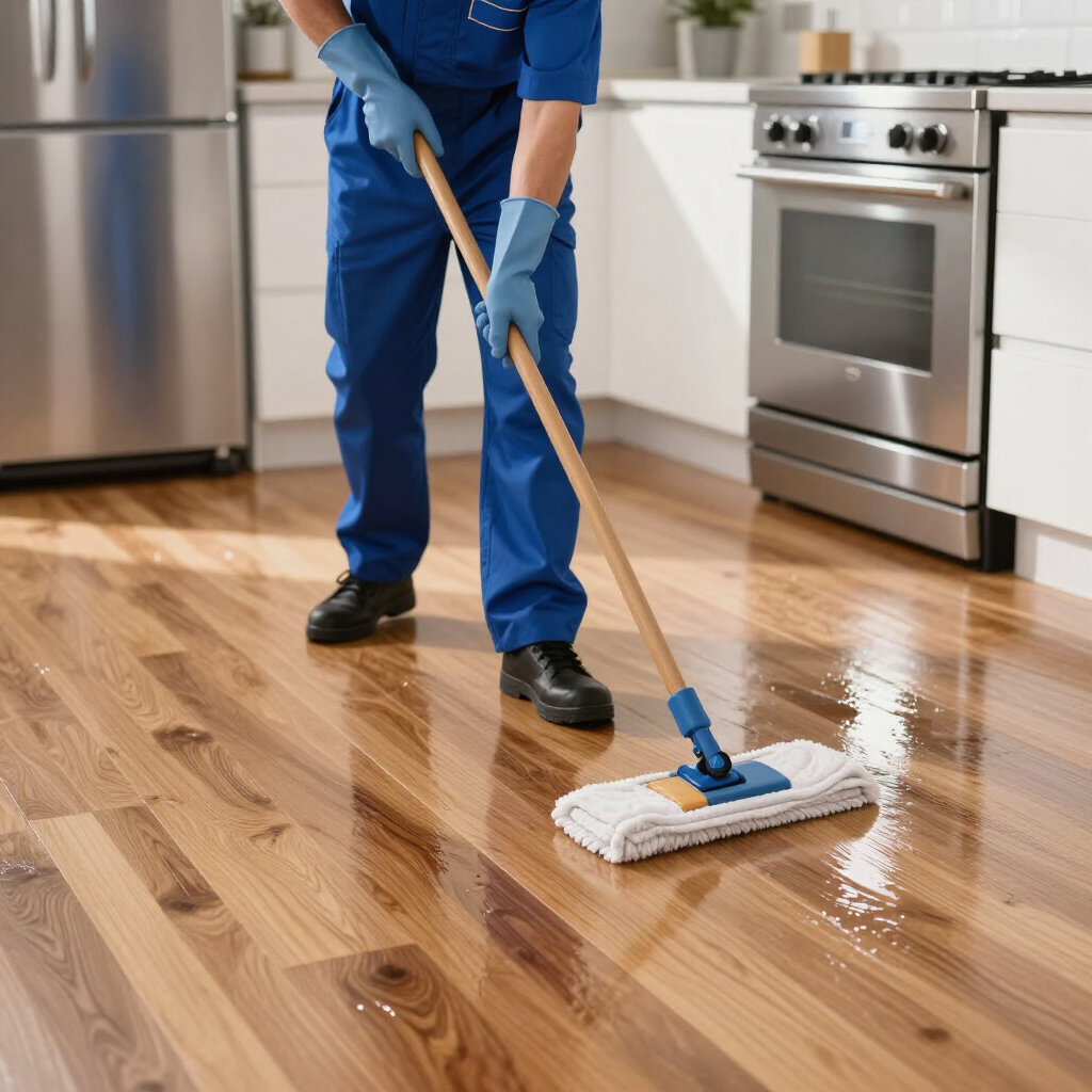 Person mopping a wet kitchen floor with a white mop near stainless steel appliances