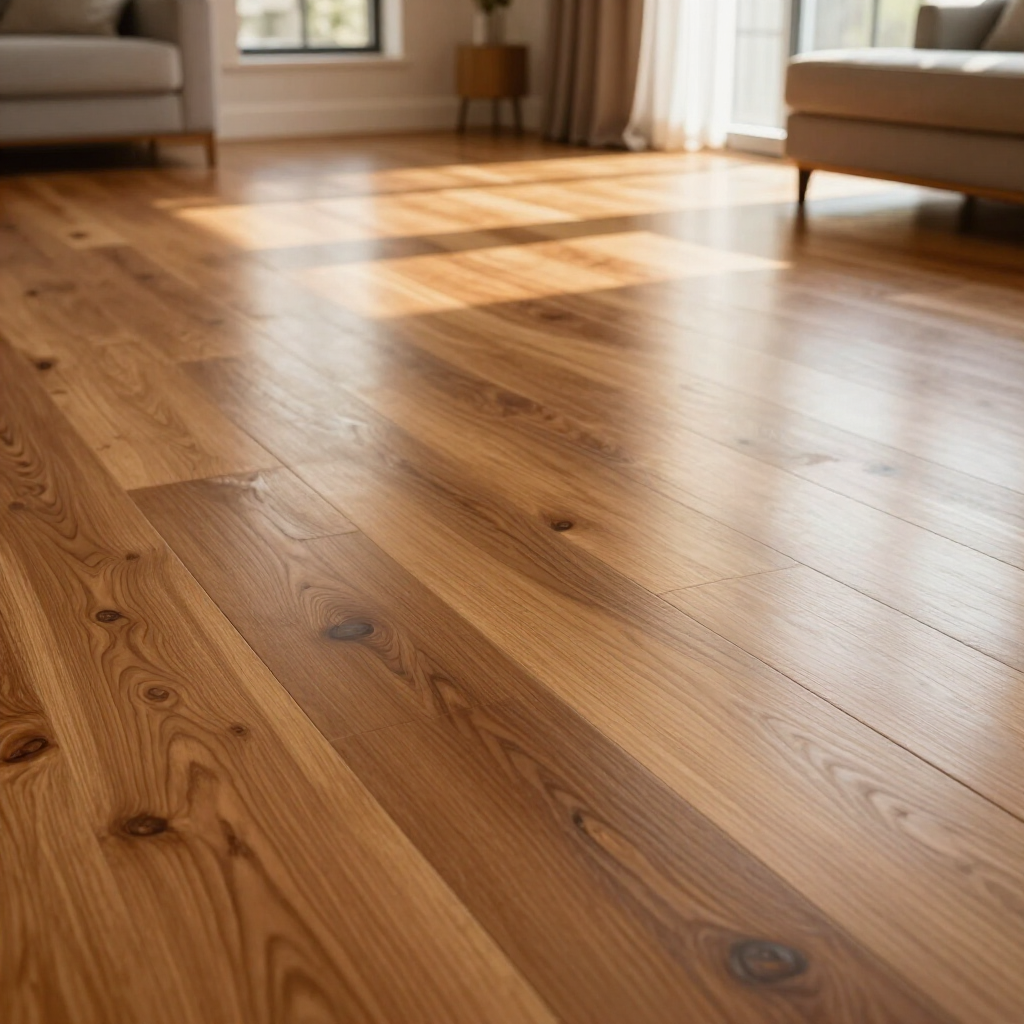 Sunlit wooden floor in a cozy living room with sofas and curtains