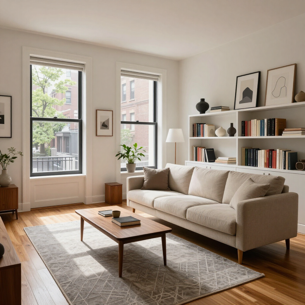 Sunlit modern living room with beige sofa, coffee table, bookshelf, and two tall windows
