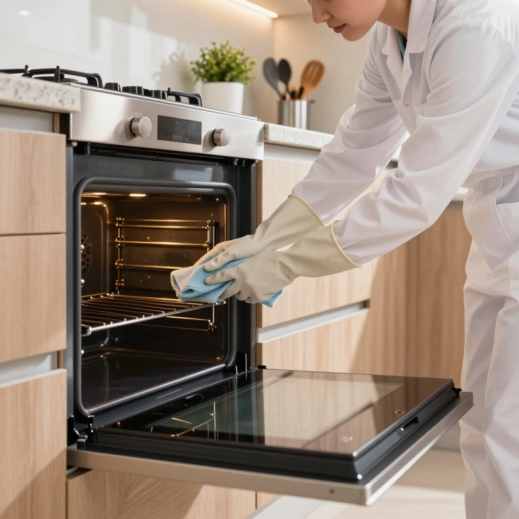 Person cleaning an open oven door with a cloth in a modern kitchen