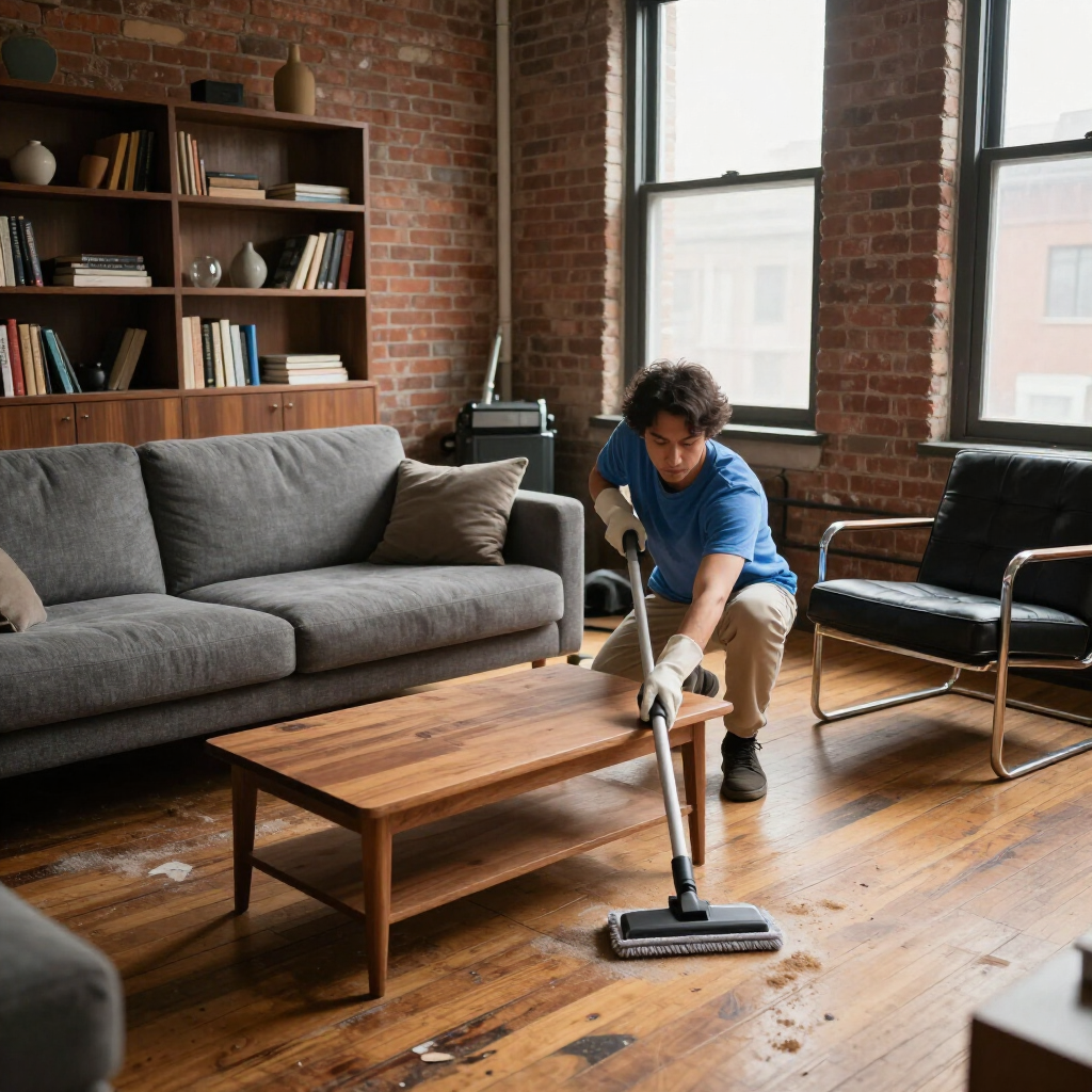 Person vacuuming a wood floor in a modern living room with brick walls and gray furniture