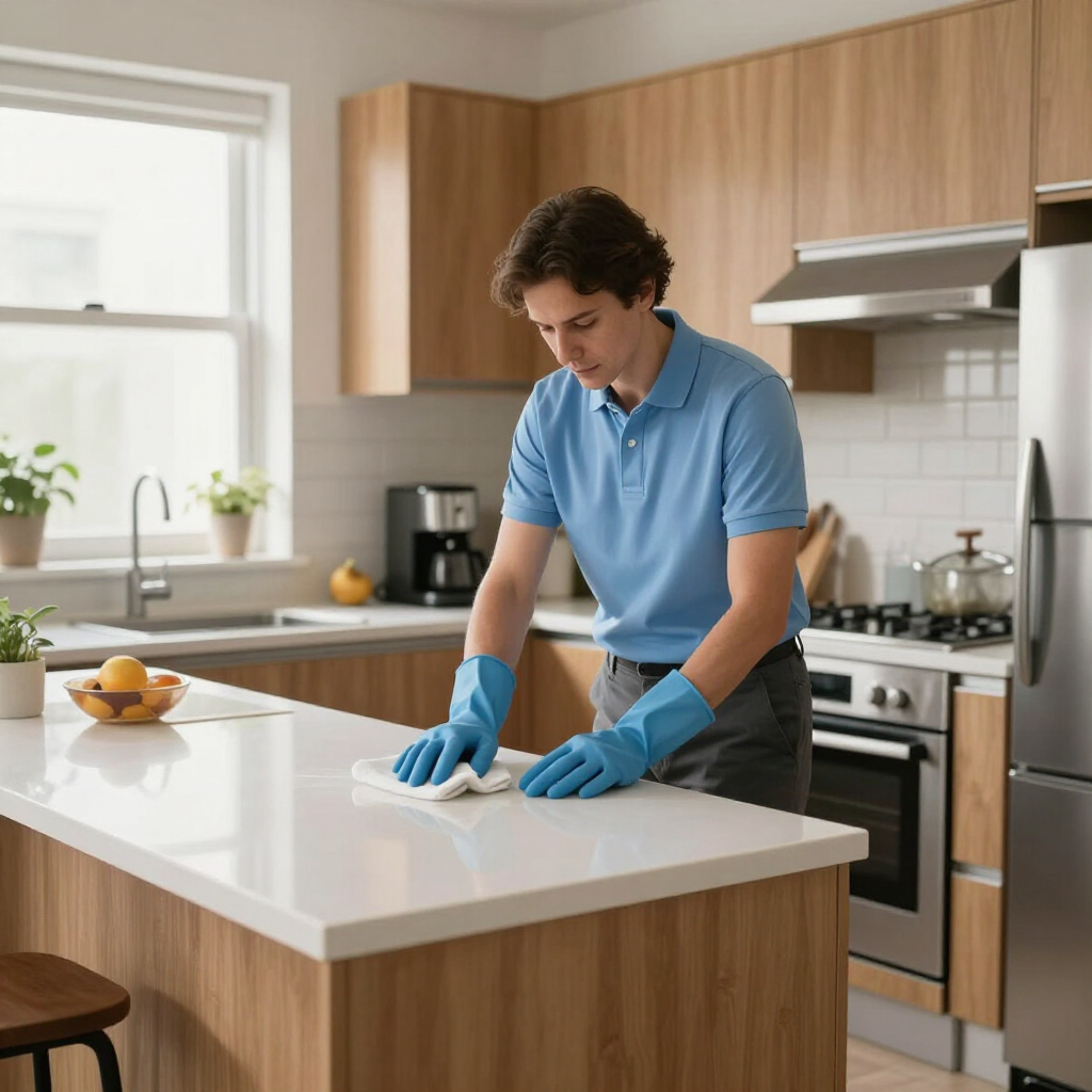 Person cleaning a white kitchen counter with blue gloves in a bright modern kitchen