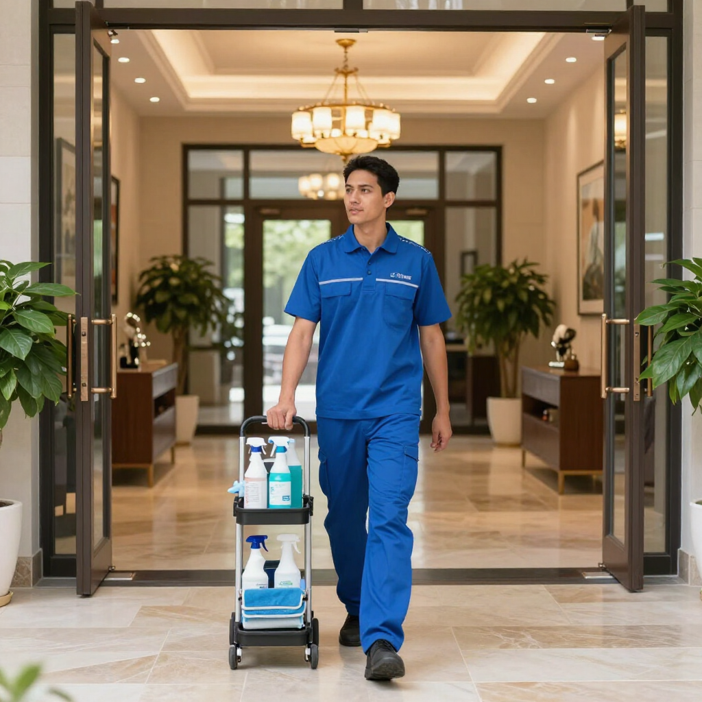 Hotel staff in blue uniform wheeling a cleaning cart through an elegant lobby