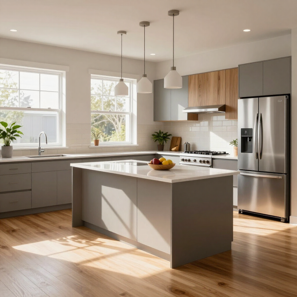 Bright modern kitchen with gray island, stainless fridge, wood floors, and sunlight through windows