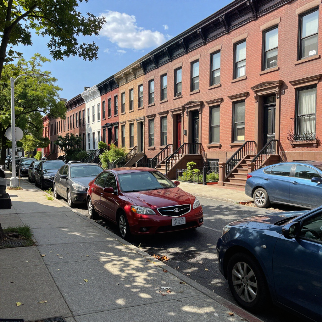 Row of brick townhouses along a sunny street with parked cars and tree shadows