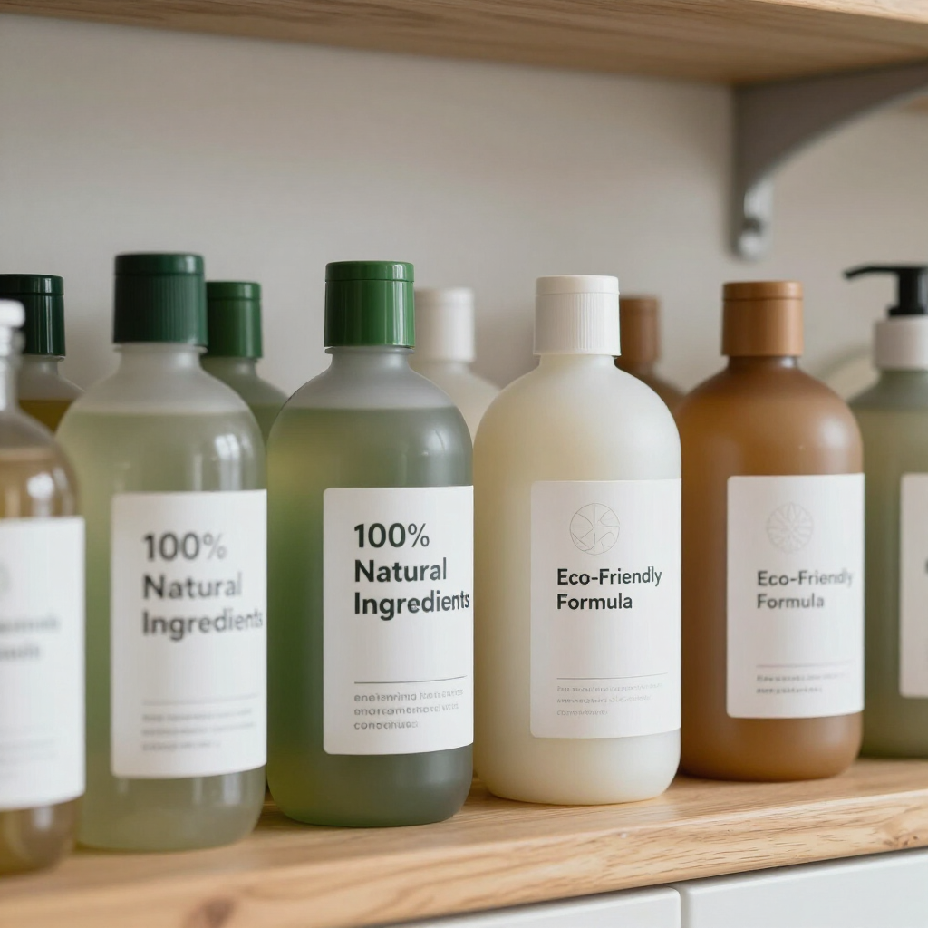 Assorted eco-friendly cosmetic bottles on a wooden shelf, labeled “100% Natural Ingredient” and “Eco-Friendly Formula.”