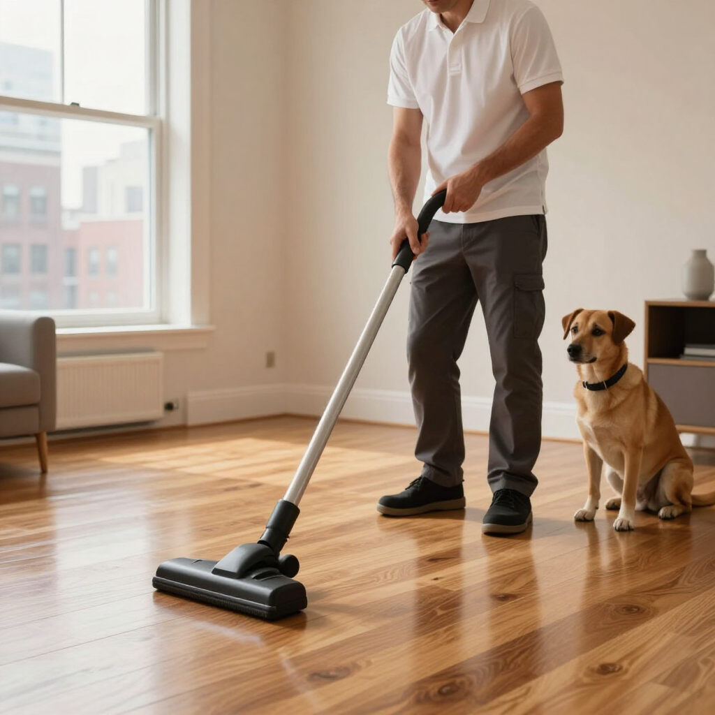 Person vacuuming a hardwood floor in a bright room while a dog sits nearby.