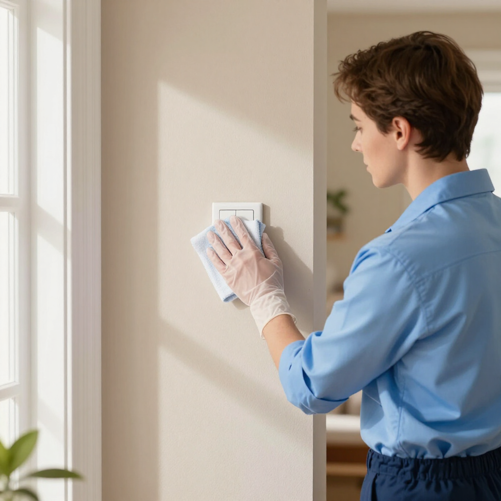 Person in blue shirt wiping a wall switch with a cloth indoors