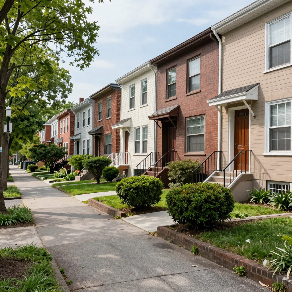 Row of colorful townhouses along a quiet tree-lined sidewalk in a residential neighborhood