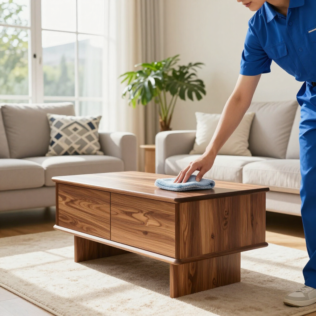 Person wiping a wooden coffee table in a bright living room with a sofa and plants