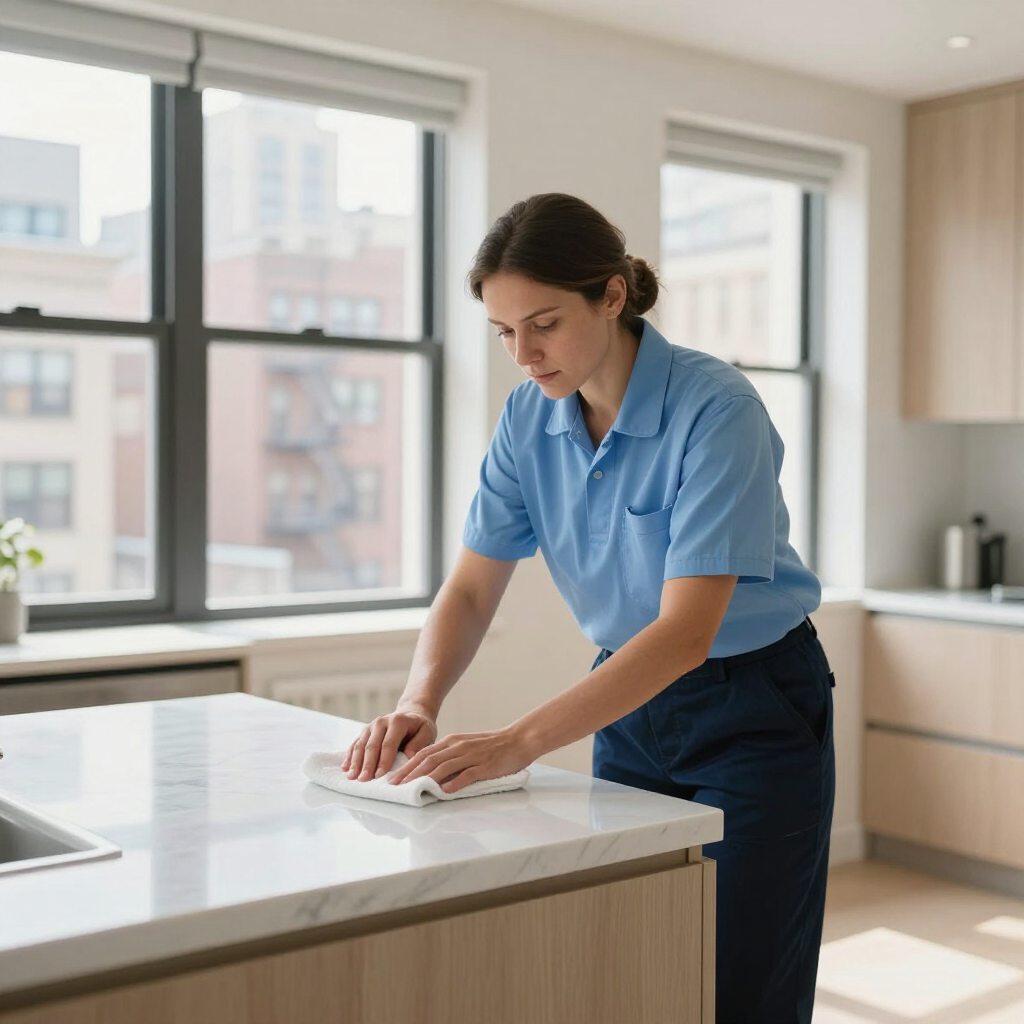 Person wiping a white kitchen island in a bright modern kitchen