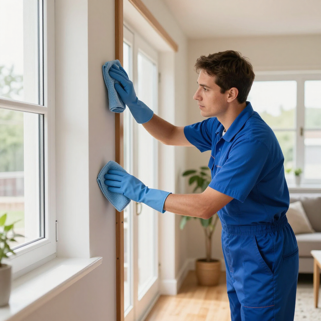 Cleaner in blue gloves wiping a window and frame with a cloth in a bright room