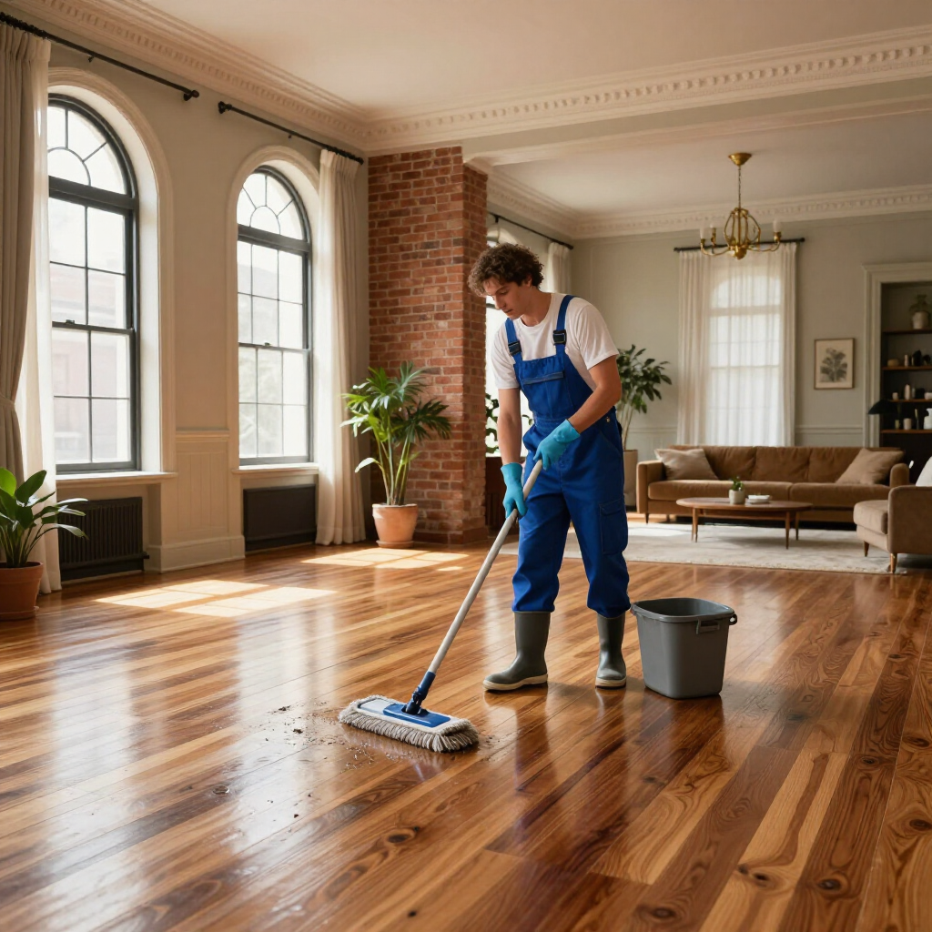 Person mopping a sunlit hardwood floor in a modern living room.