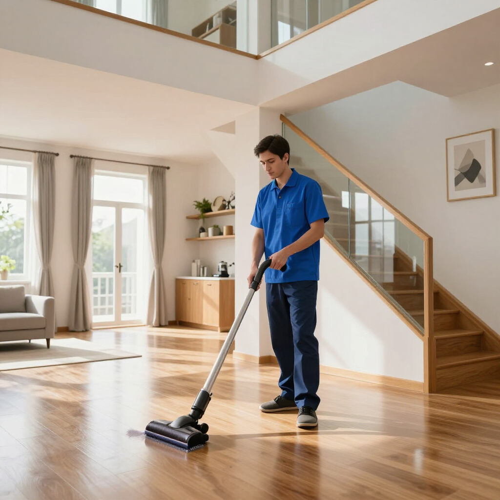 Person vacuuming a bright hardwood floor in a modern living room with stairs and sunlight