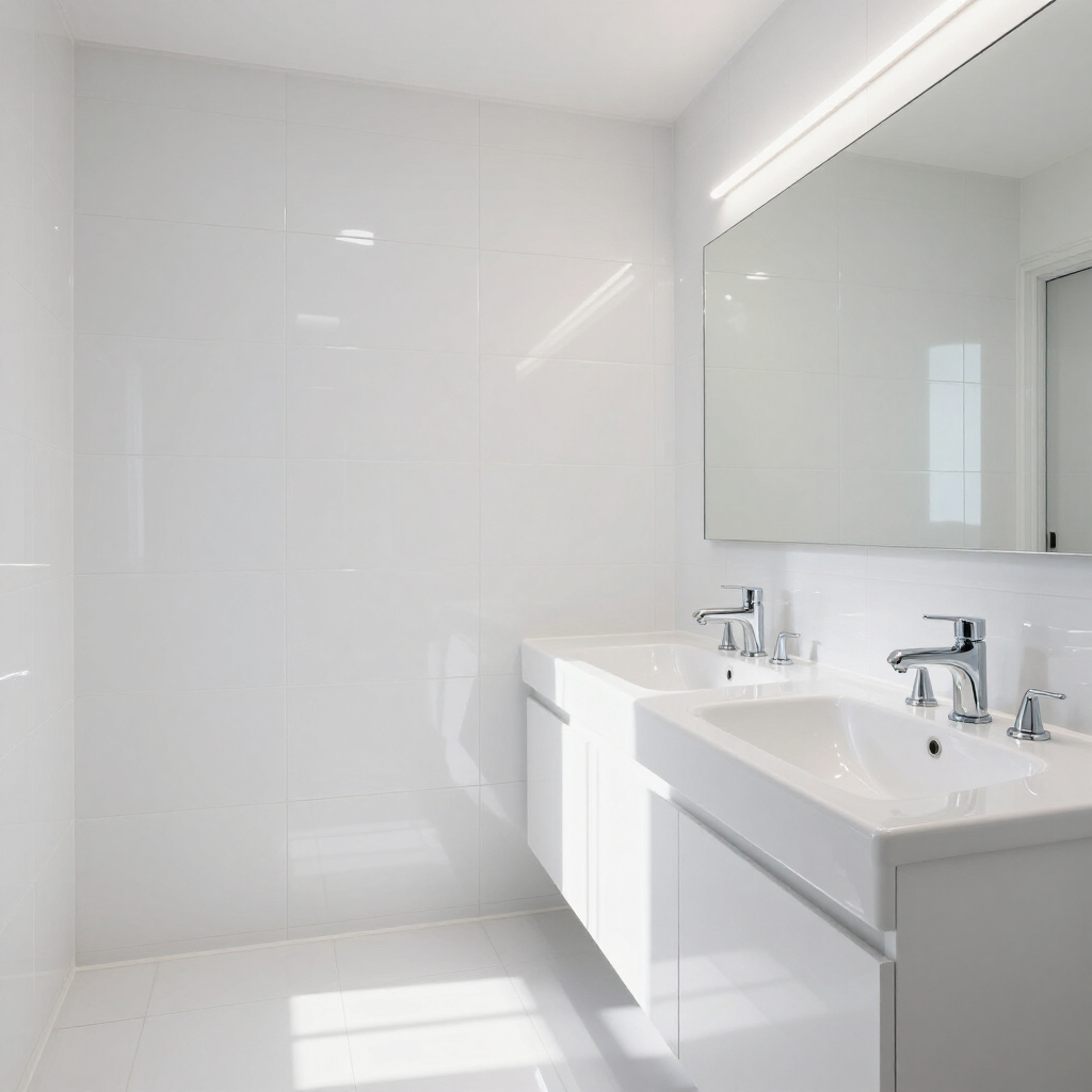 Bright modern bathroom with white tiles, large mirror, double sink vanity, and sunlight on the floor