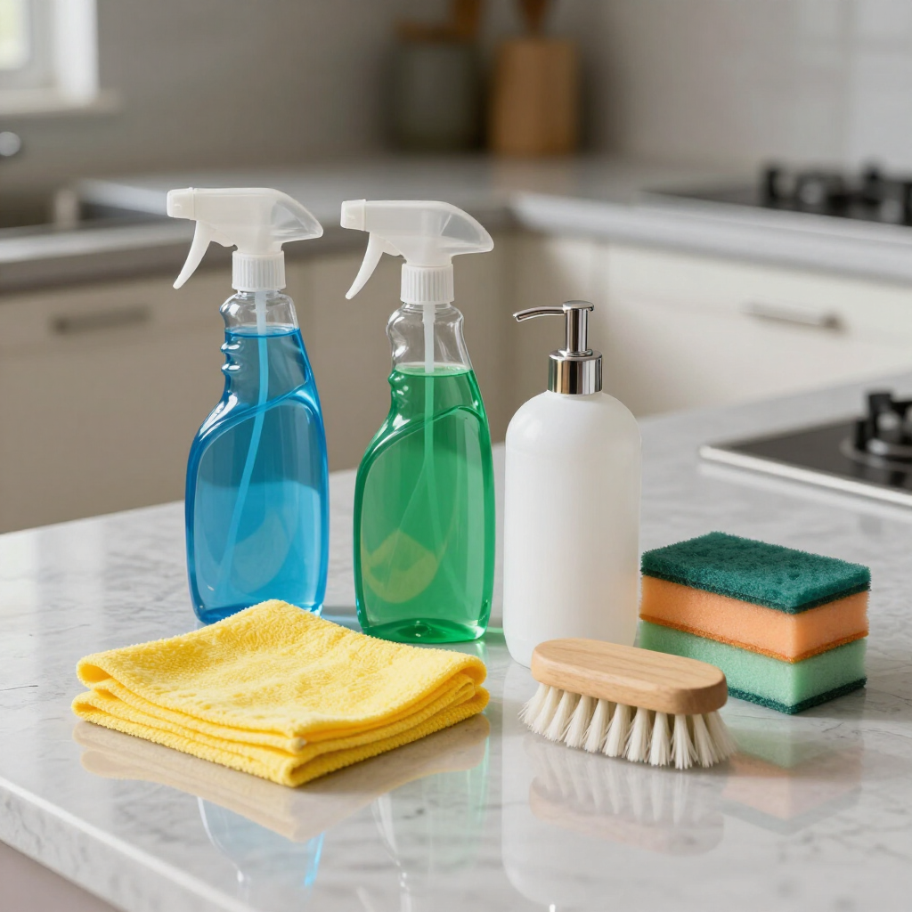 Cleaning supplies on a kitchen counter: spray bottles, soap dispenser, sponges, cloths, and scrub brush.