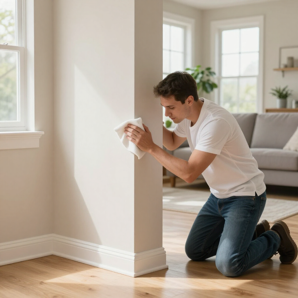Man kneels and wipes a white wall in a bright living room