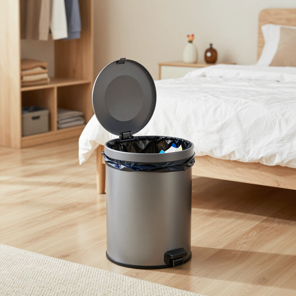 Small open trash can in a bedroom beside a bed with white bedding and wooden furniture.