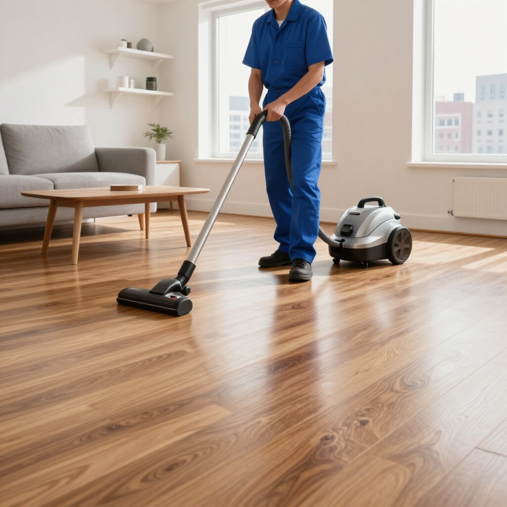 Worker cleaning a hardwood floor with a vacuum in a bright living room