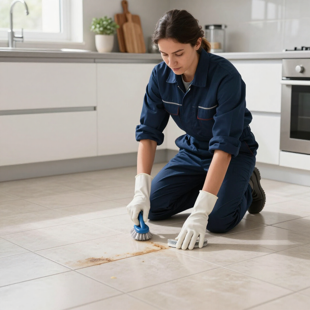 Person in blue overalls scrubbing a dirty kitchen tile floor with a brush and gloves