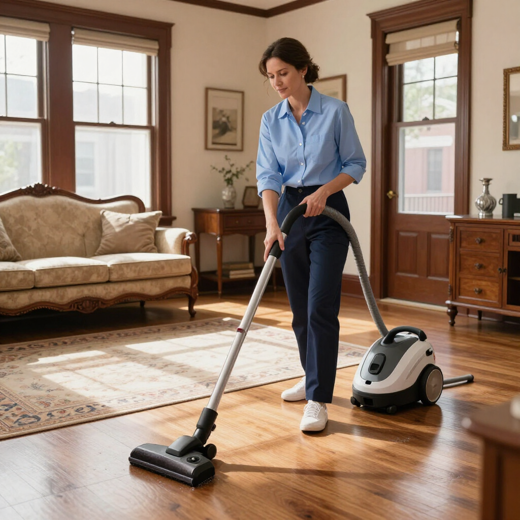 Woman vacuuming a sunlit living room with a canister vacuum on hardwood floors
