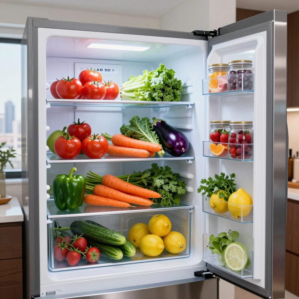 Open refrigerator filled with colorful fresh fruits and vegetables on glass shelves