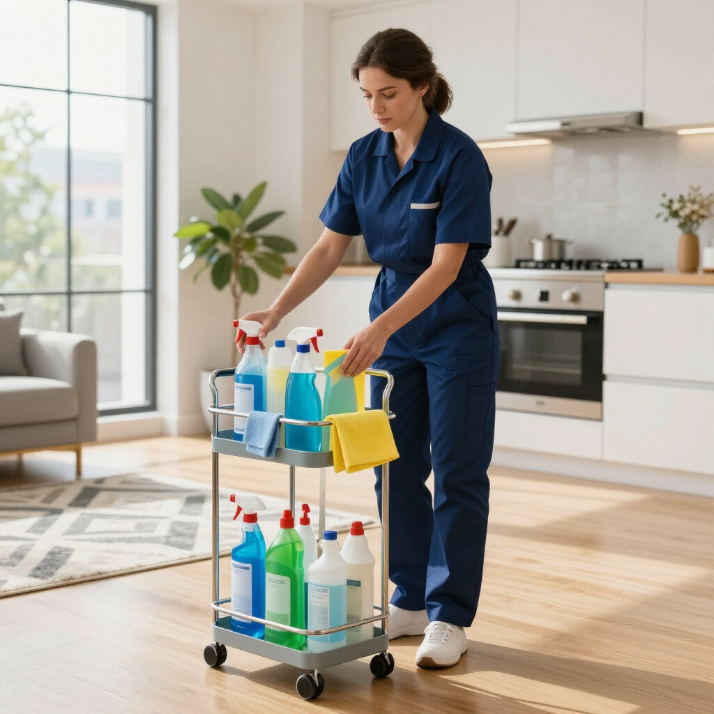 Cleaner in blue uniform wipes a cart of spray bottles in a bright home kitchen