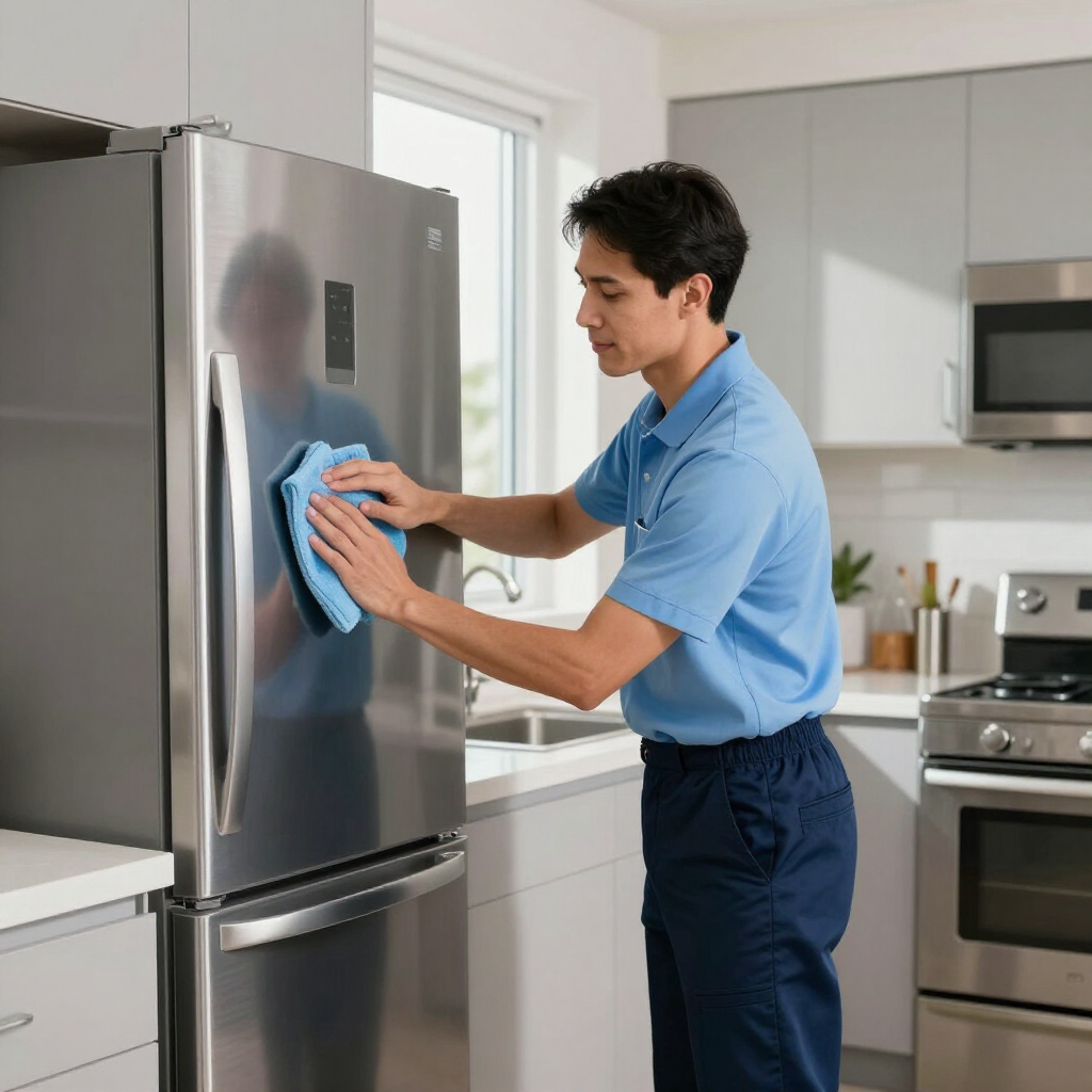 Person cleaning a stainless steel refrigerator with a blue cloth in a modern kitchen