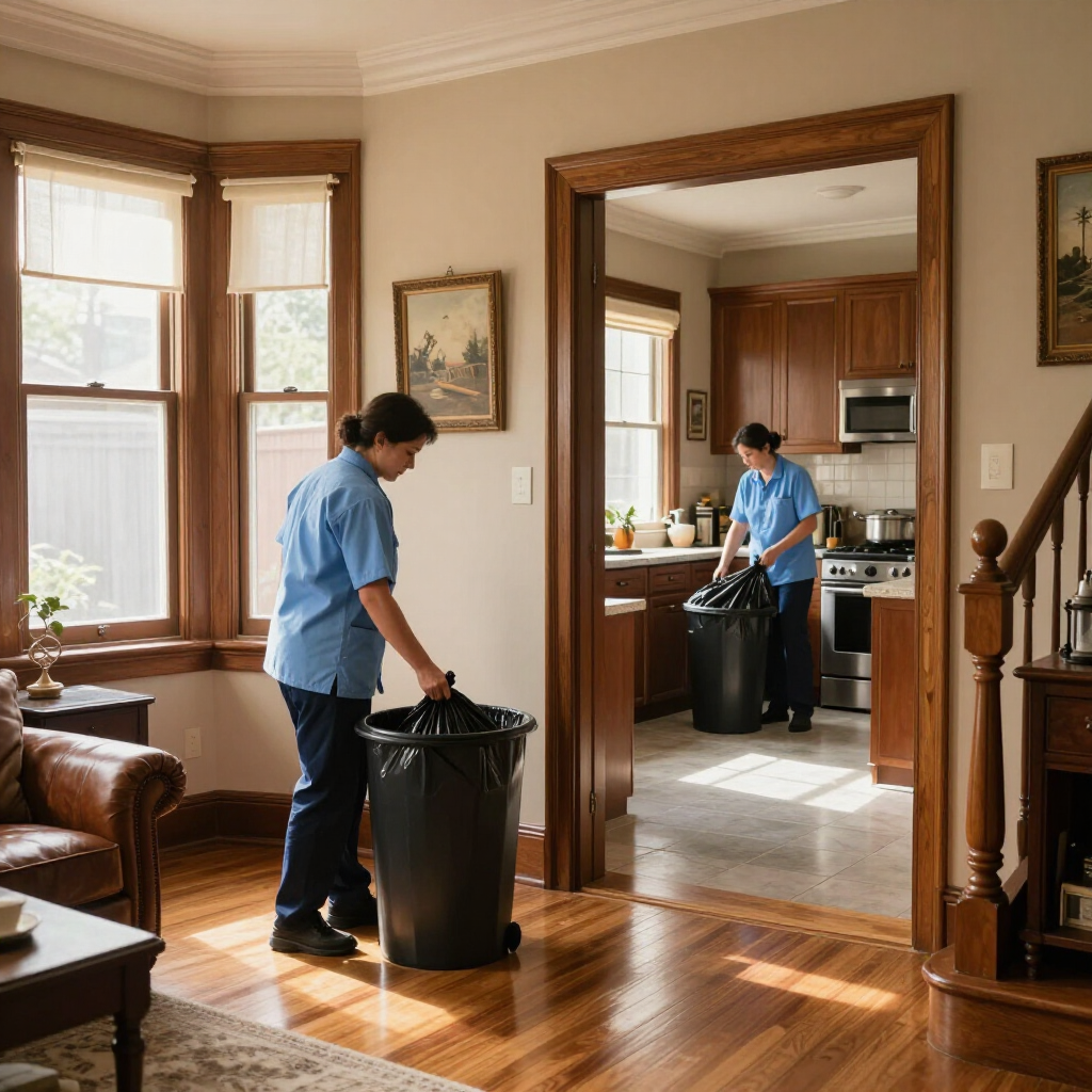 Person moving a trash bin through a bright living room toward a kitchen