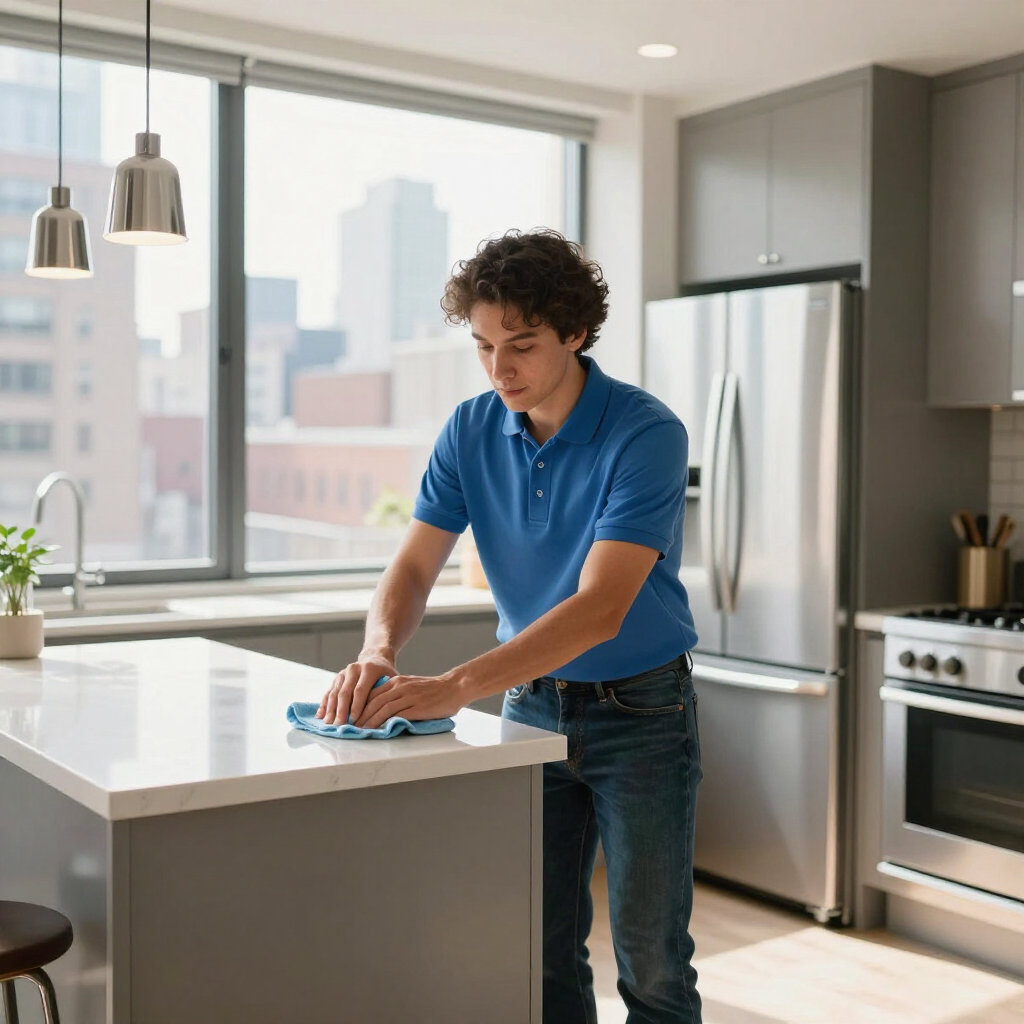 Person wiping a kitchen island with a cloth in a bright modern kitchen