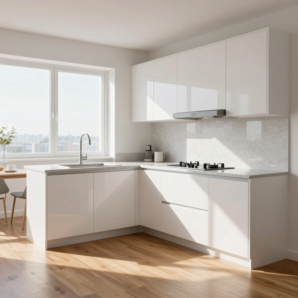 Bright modern white kitchen with corner cabinets, large window, wood floor, and sunlight streaming in