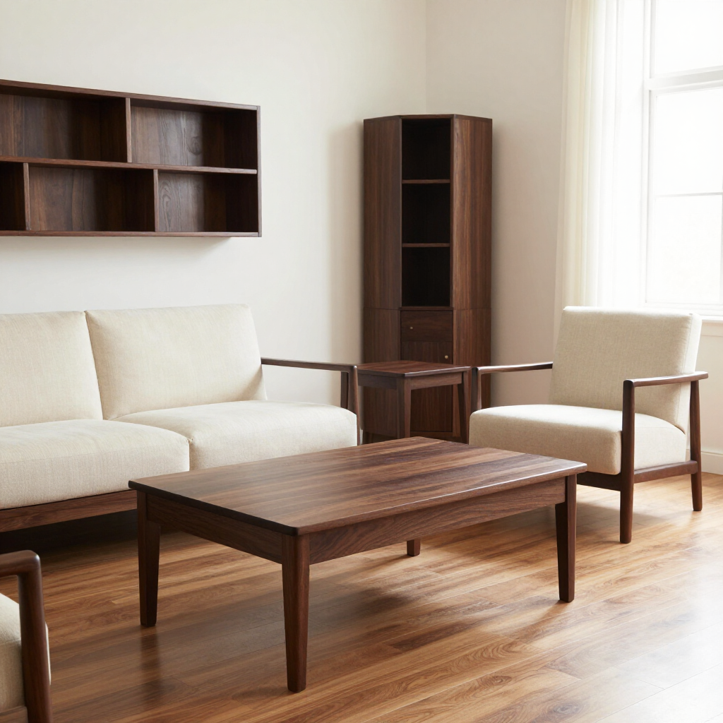 Minimal living room with cream sofa, wood coffee table, and shelves by a bright window