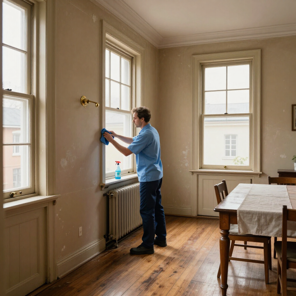 Person cleaning windows in a bright dining room with wooden floors and a table.