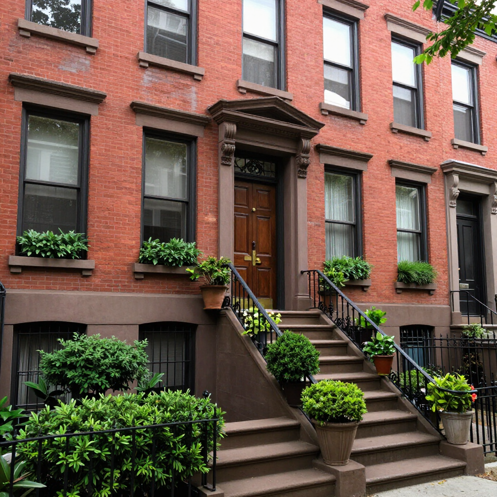 Red brick townhouse with brown stoop, green potted plants, and stairs leading to the front door