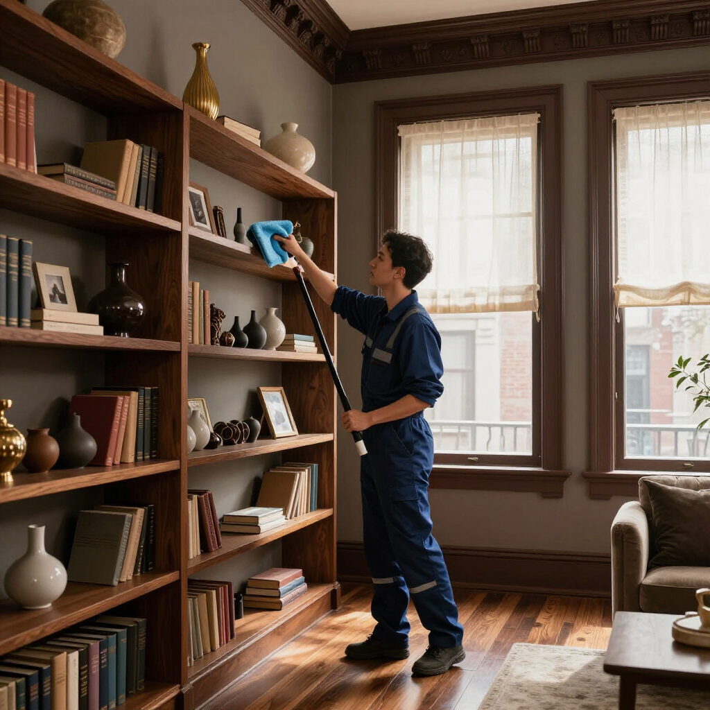 Person dusting a tall wooden bookshelf in a sunlit living room with large windows
