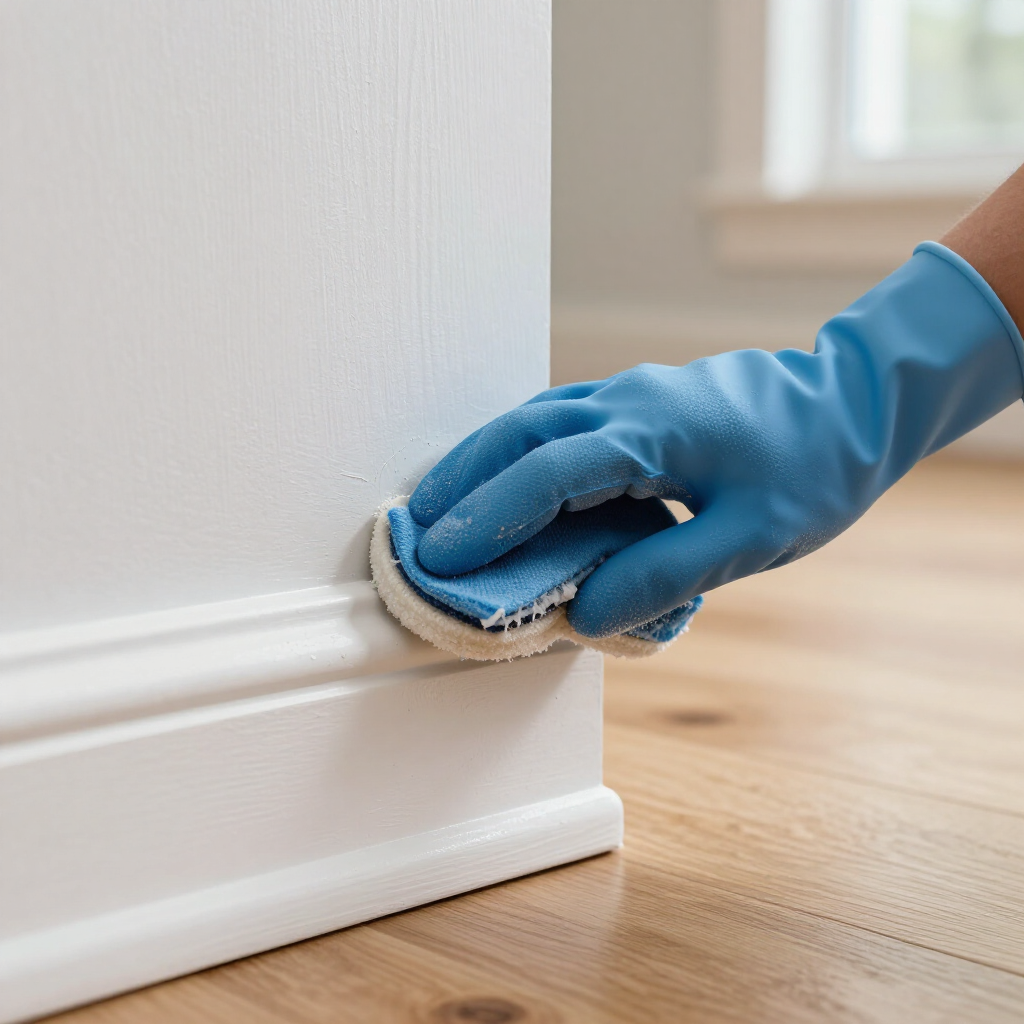 Blue-gloved hand wiping a white baseboard with a cloth on a wooden floor