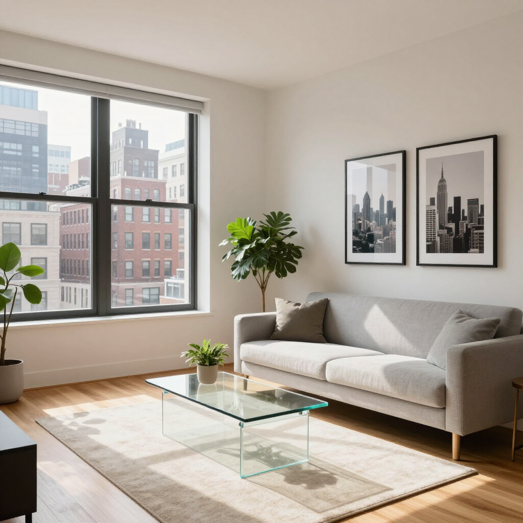 Bright modern living room with gray sofa, glass coffee table, wall art, and large city-view window