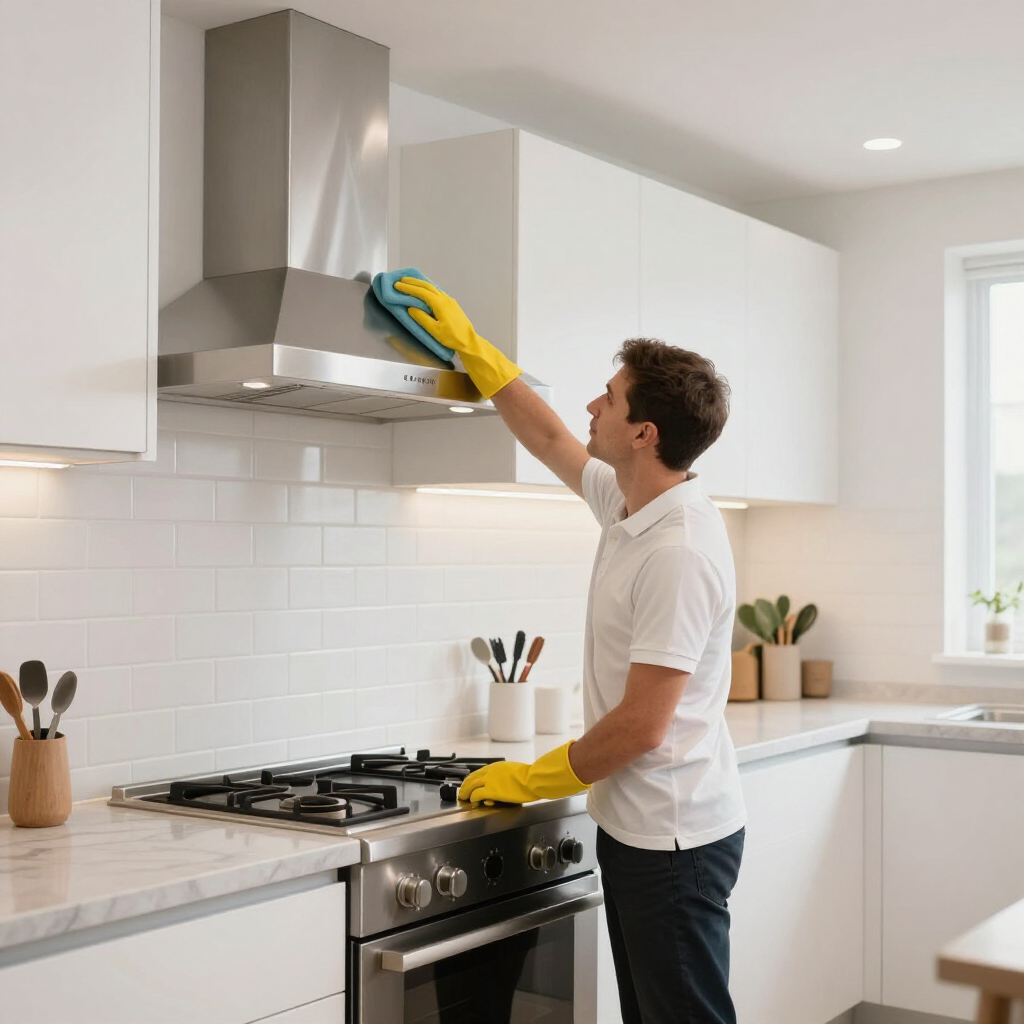 Man cleaning a stainless steel range hood in a bright white kitchen with a blue cloth and yellow gloves